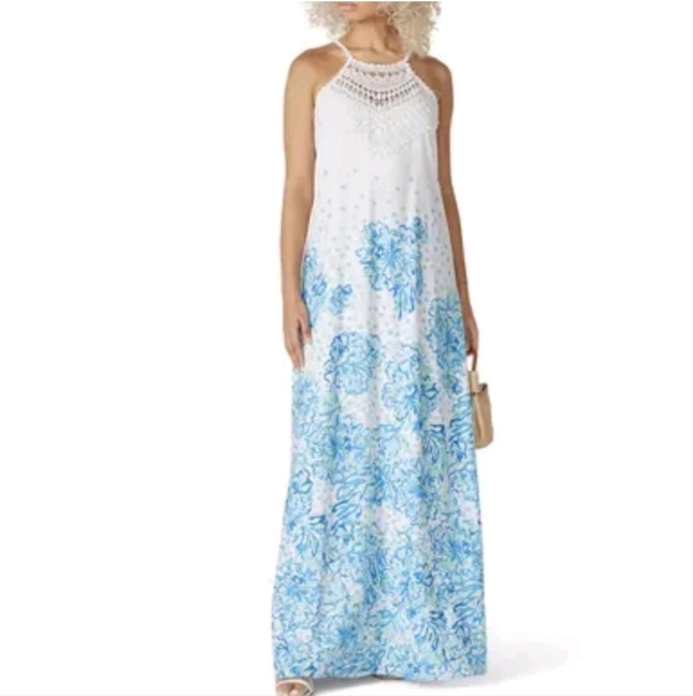 White & Blue Floral Crochet Halter Maxi Dress